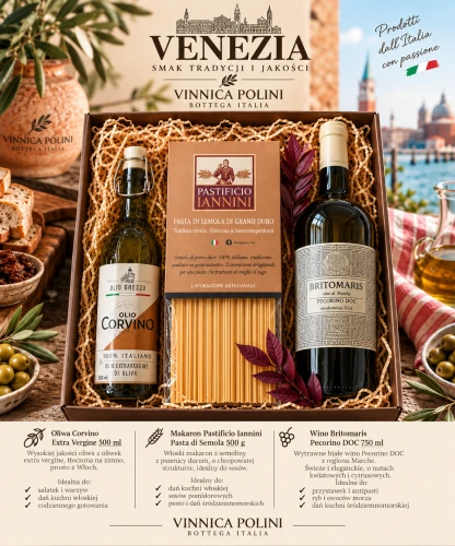 Włoski zestaw prezentowy z winem, oliwą i makaronem – VENEZIA