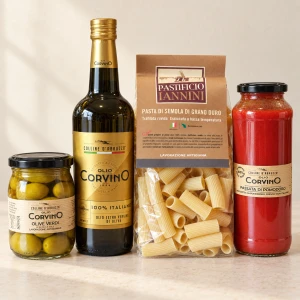 Włoskie smaki – oliwa Corvino 100% Italiano 500 ml, passata, makaron Iannini i oliwki
